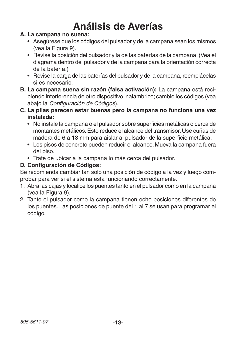 Análisis de averías | Heath Zenith Wireless Chime 6153 User Manual | Page 13 / 24
