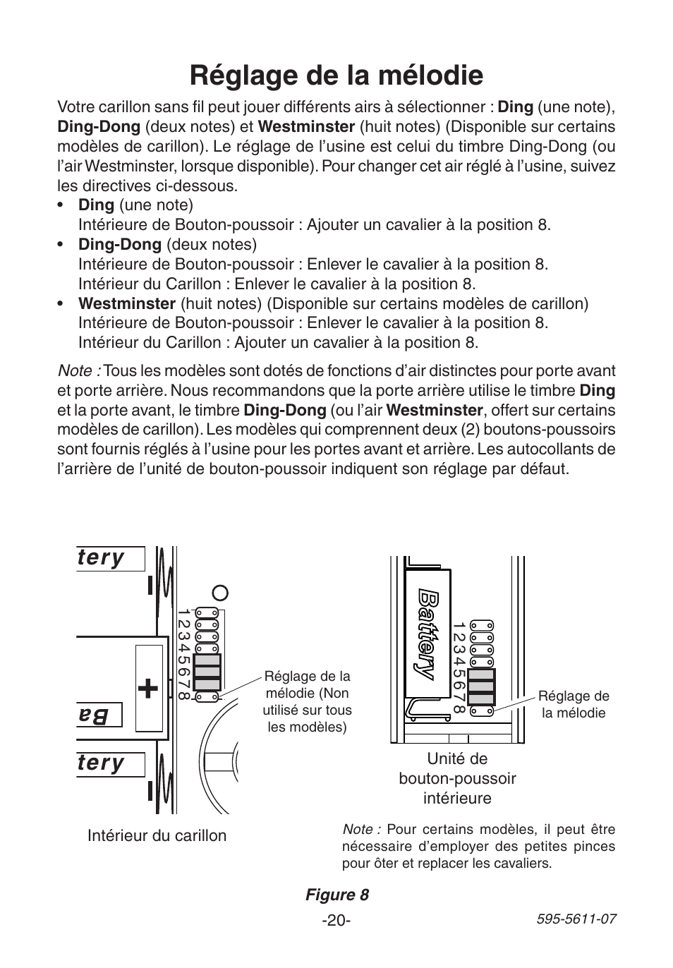 Réglage de la mélodie, Ba tte ry battery battery | Heath Zenith Wireless Chime 6153 User Manual | Page 20 / 24