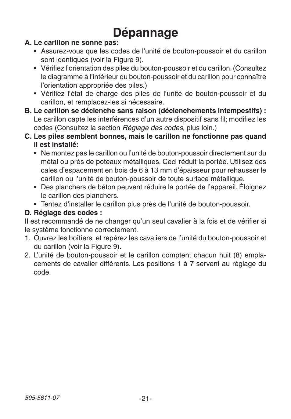 Dépannage | Heath Zenith Wireless Chime 6153 User Manual | Page 21 / 24