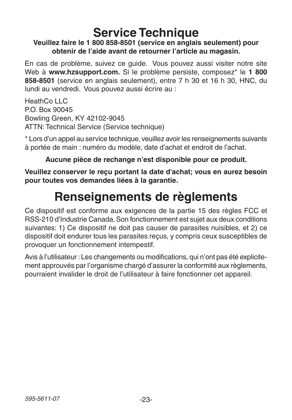 Service technique, Renseignements de règlements | Heath Zenith Wireless Chime 6153 User Manual | Page 23 / 24