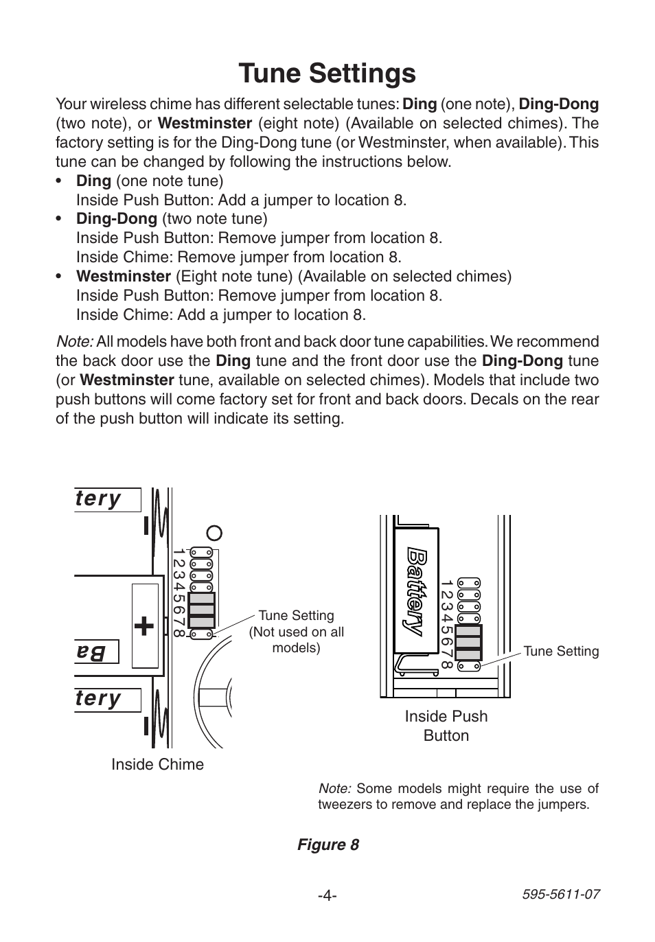 Tune settings, Ba tte ry battery battery | Heath Zenith Wireless Chime 6153 User Manual | Page 4 / 24