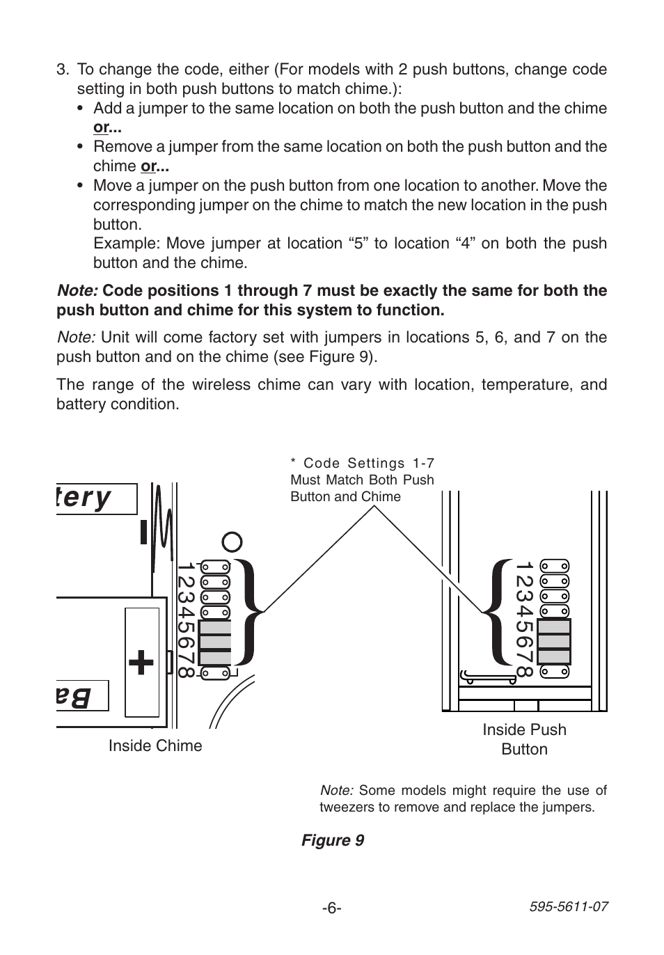Ba tte ry battery battery | Heath Zenith Wireless Chime 6153 User Manual | Page 6 / 24