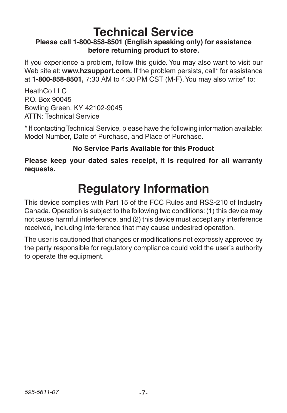 Technical service, Regulatory information | Heath Zenith Wireless Chime 6153 User Manual | Page 7 / 24