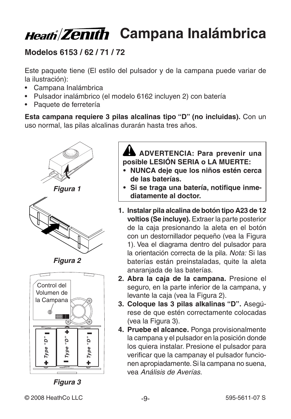 Campana inalámbrica | Heath Zenith Wireless Chime 6153 User Manual | Page 9 / 24