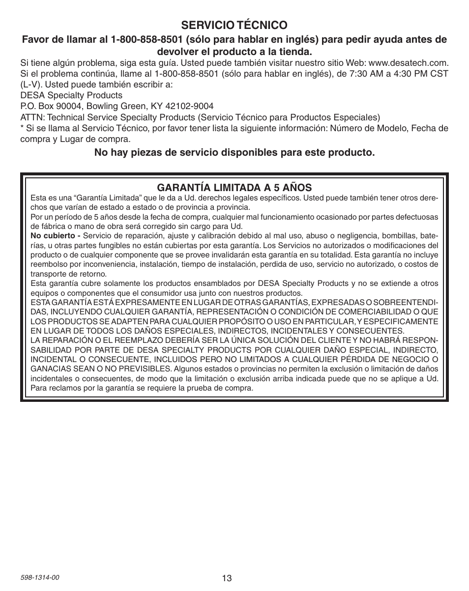 Servicio técnico | Heath Zenith DualBrite Triple Halogen Motion Sensing Light 5598 User Manual | Page 13 / 20