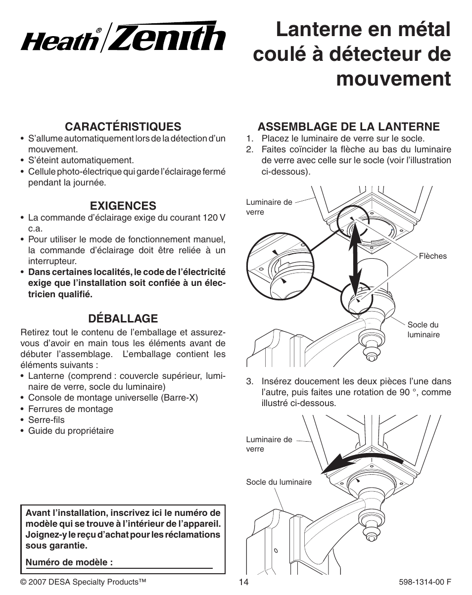 Lanterne en métal coulé à détecteur de mouvement | Heath Zenith DualBrite Triple Halogen Motion Sensing Light 5598 User Manual | Page 14 / 20