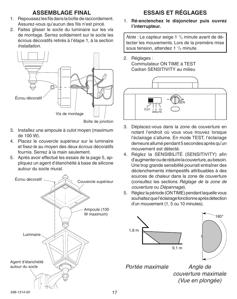 Essais et réglages | Heath Zenith DualBrite Triple Halogen Motion Sensing Light 5598 User Manual | Page 17 / 20