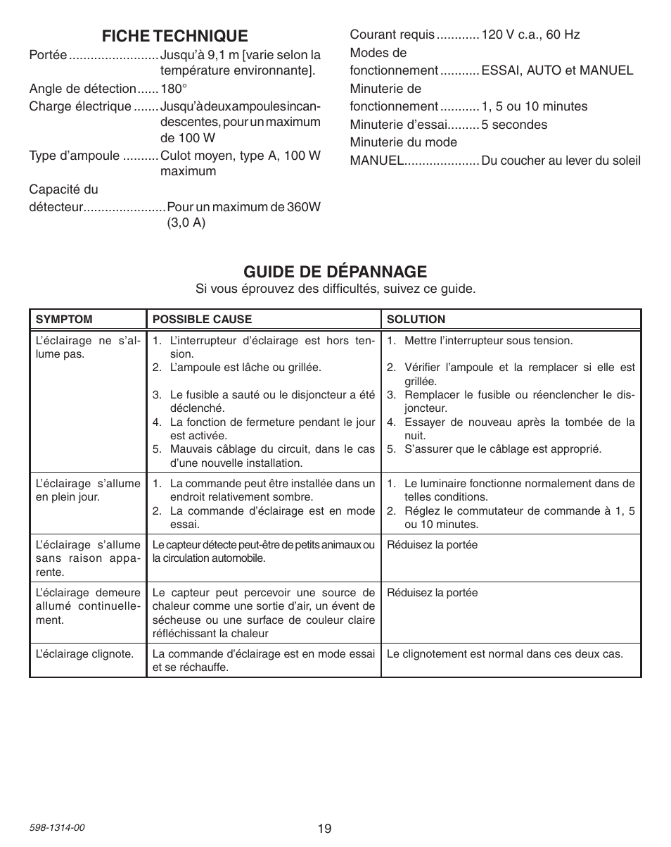 Guide de dépannage, Fiche technique | Heath Zenith DualBrite Triple Halogen Motion Sensing Light 5598 User Manual | Page 19 / 20