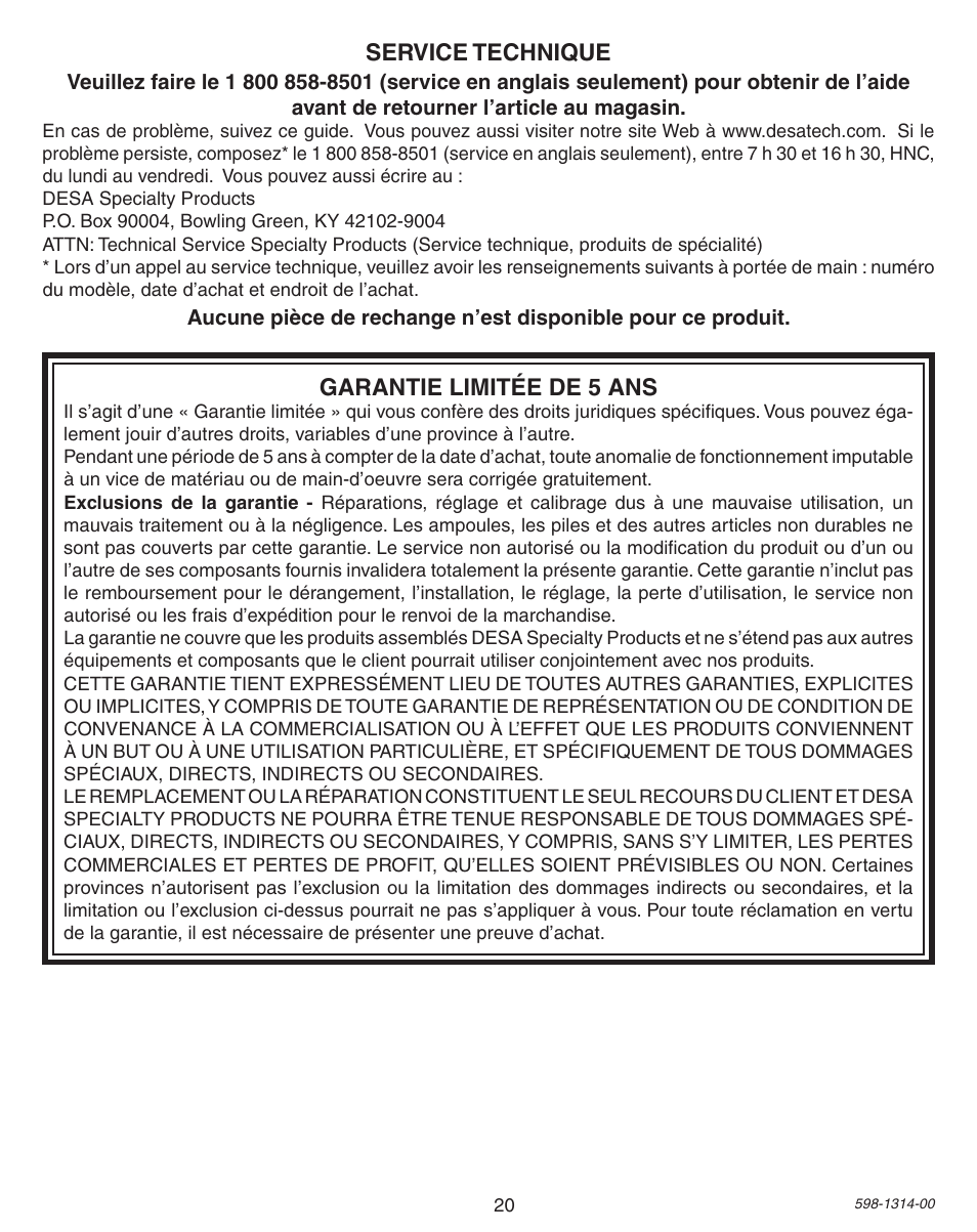 Service technique, Garantie limitée de 5 ans | Heath Zenith DualBrite Triple Halogen Motion Sensing Light 5598 User Manual | Page 20 / 20