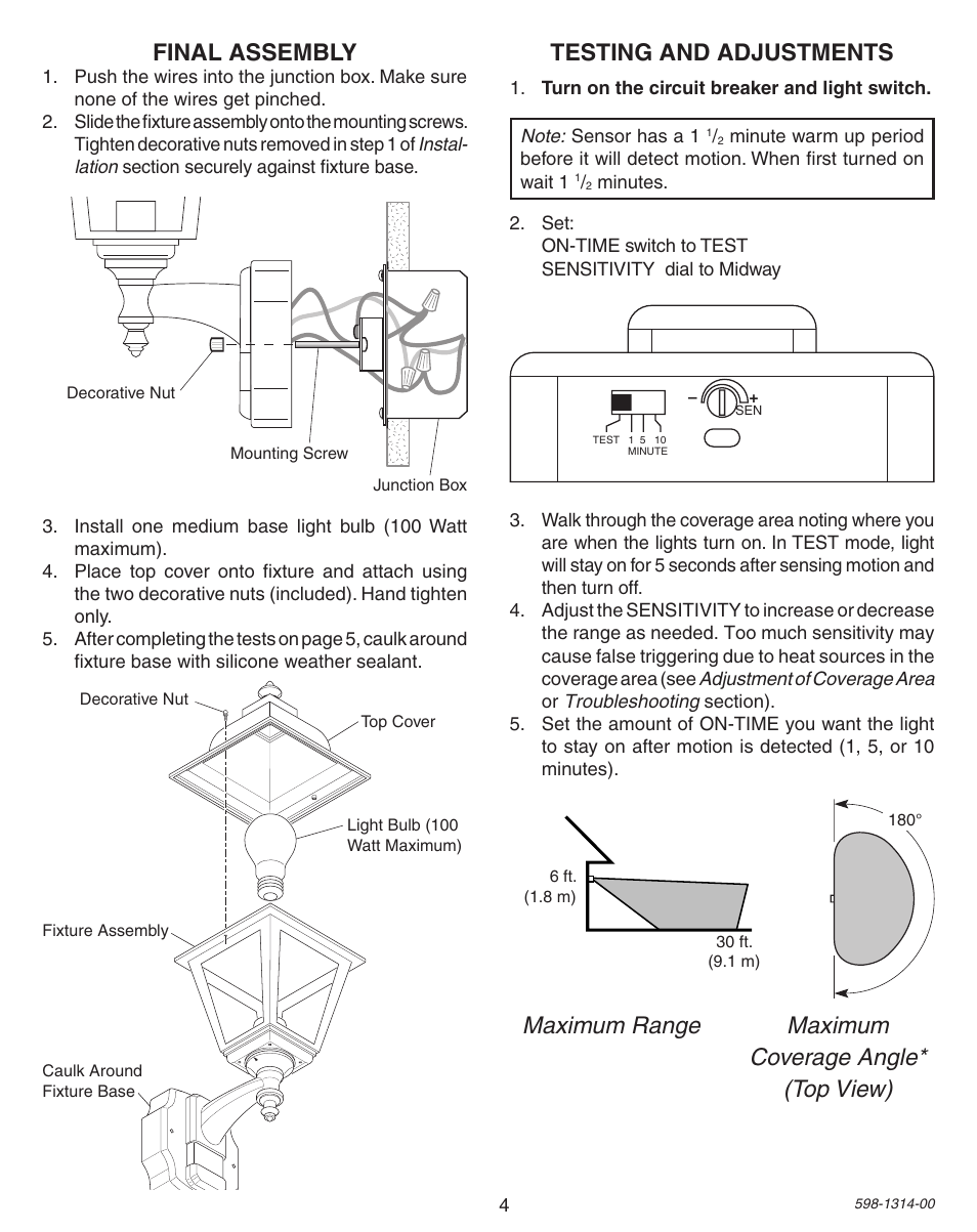 Testing and adjustments | Heath Zenith DualBrite Triple Halogen Motion Sensing Light 5598 User Manual | Page 4 / 20
