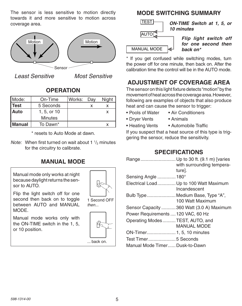 Least sensitive most sensitive, Operation, Mode switching summary | Manual mode adjustment of coverage area, Specifications | Heath Zenith DualBrite Triple Halogen Motion Sensing Light 5598 User Manual | Page 5 / 20