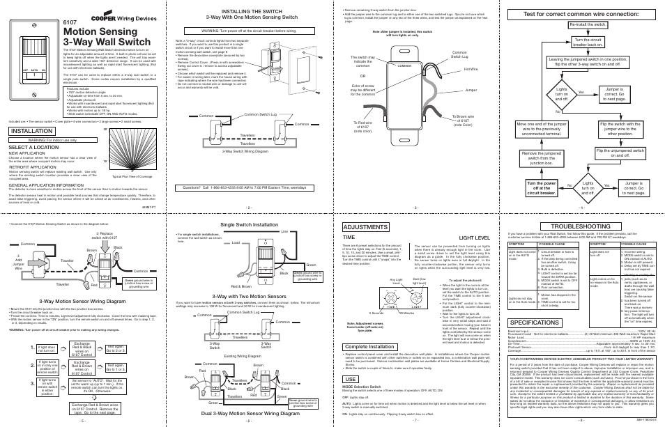 Heath Zenith Motion Sensing 3-Way Wall Switch 6107 User Manual | 2 pages