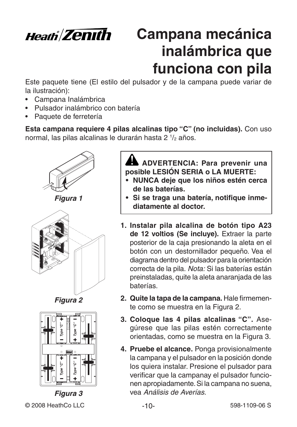 Campana mecánica inalámbrica que funciona con pila | Heath Zenith 598-1109-06 User Manual | Page 10 / 28