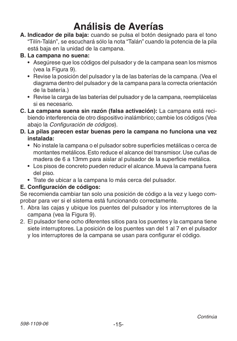 Análisis de averías | Heath Zenith 598-1109-06 User Manual | Page 15 / 28