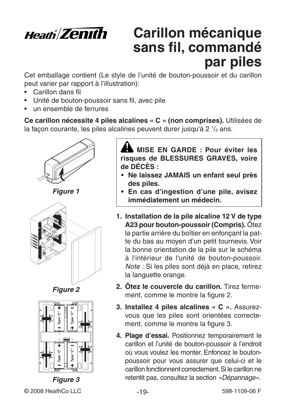 Carillon mécanique sans fil, commandé par piles | Heath Zenith 598-1109-06 User Manual | Page 19 / 28