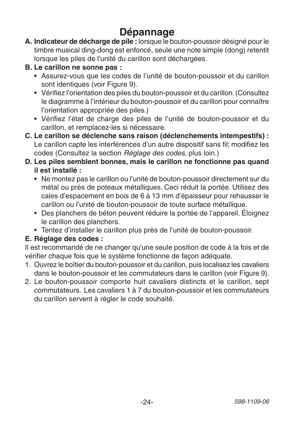 Dépannage | Heath Zenith 598-1109-06 User Manual | Page 24 / 28