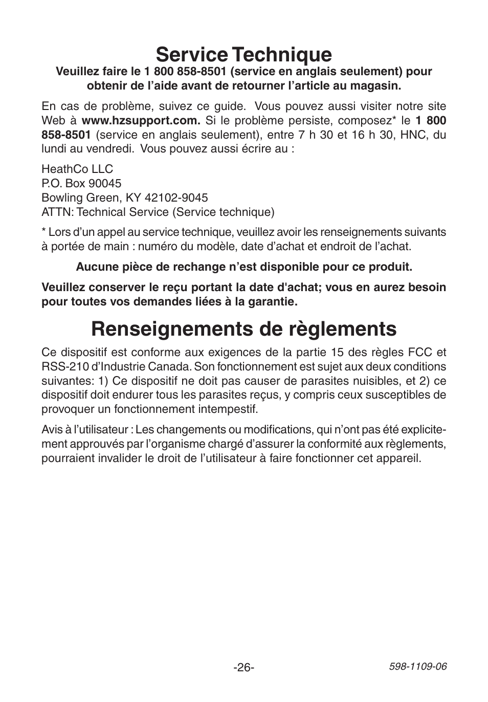 Service technique, Renseignements de règlements | Heath Zenith 598-1109-06 User Manual | Page 26 / 28