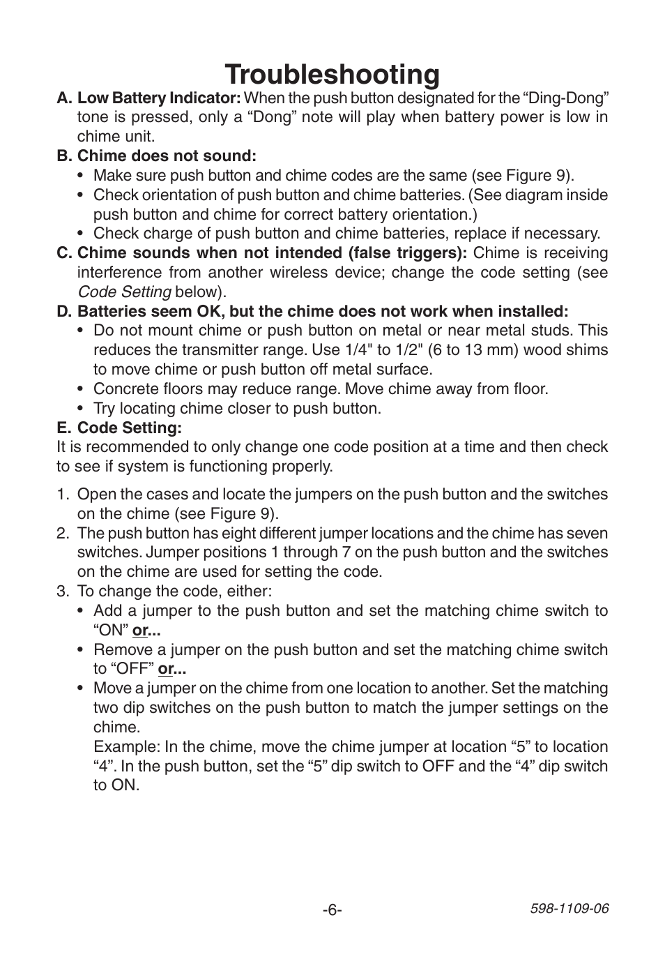 Troubleshooting | Heath Zenith 598-1109-06 User Manual | Page 6 / 28