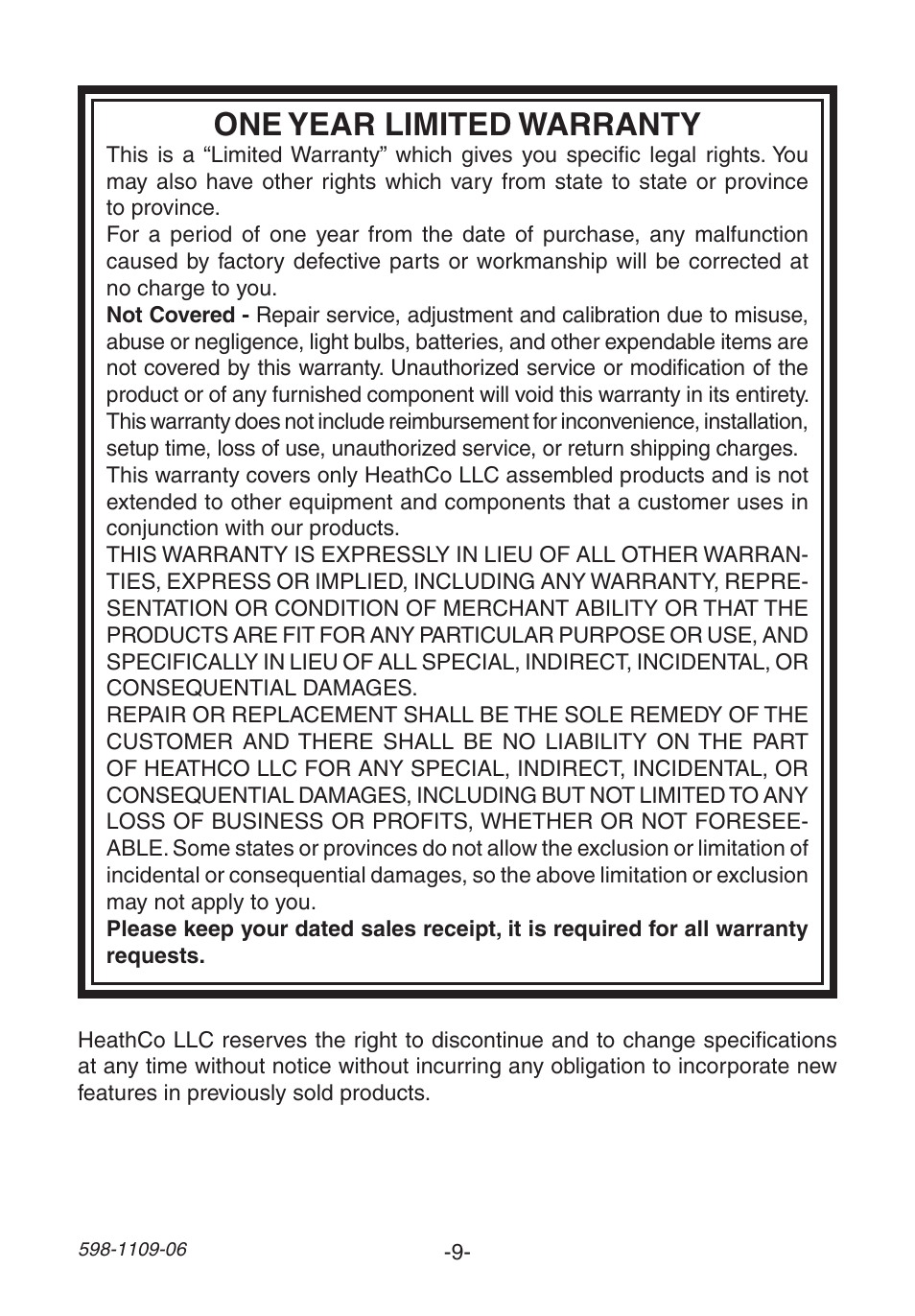 One year limited warranty | Heath Zenith 598-1109-06 User Manual | Page 9 / 28