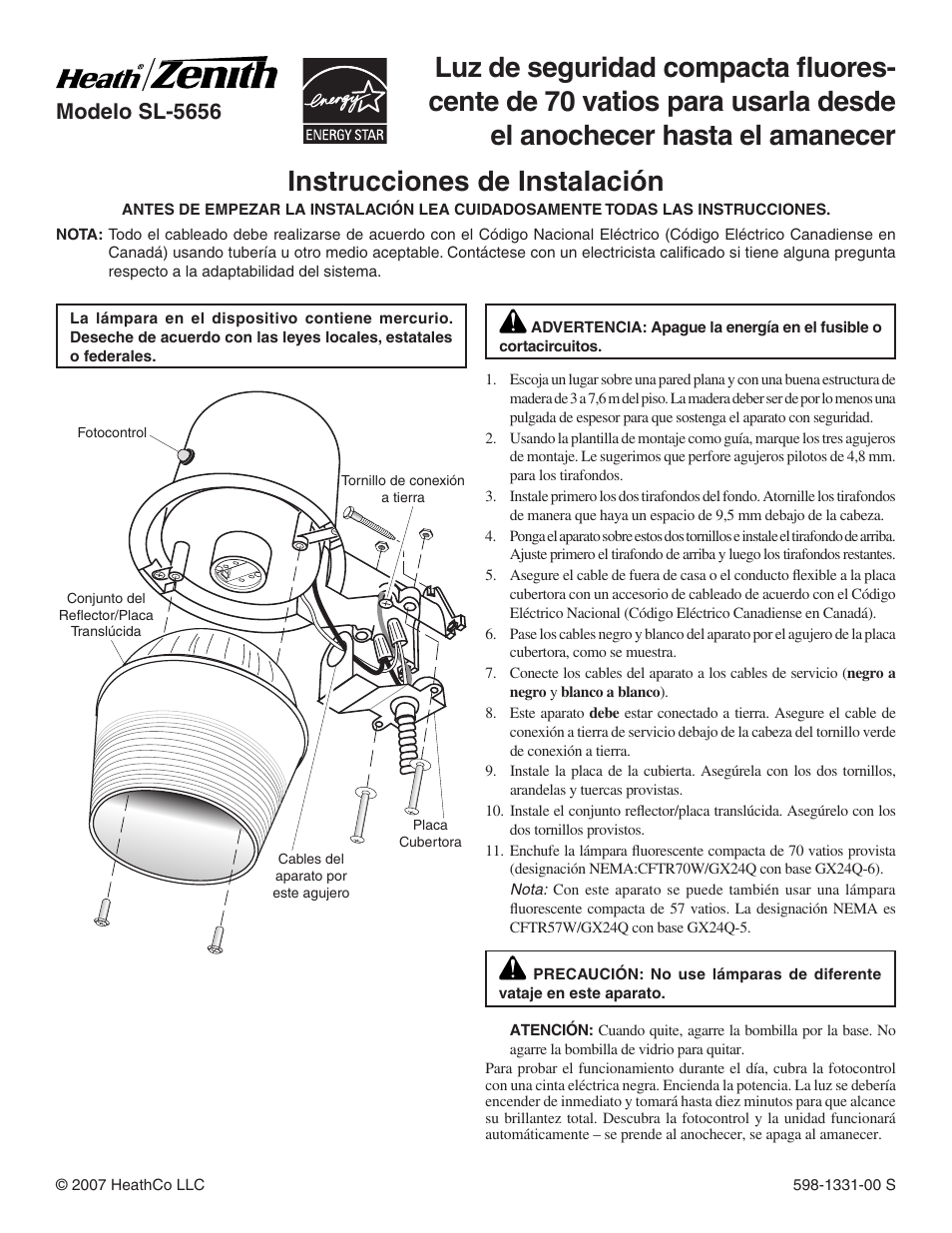 Instrucciones de instalación, Modelo sl-5656 | Heath Zenith SL-5656 User Manual | Page 2 / 4