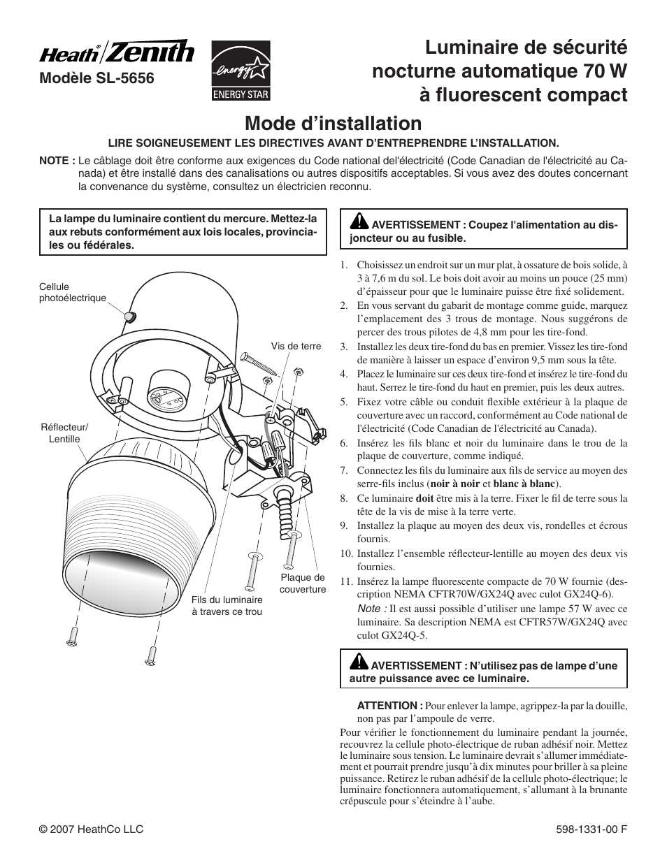 Mode d’installation, Modèle sl-5656 | Heath Zenith SL-5656 User Manual | Page 3 / 4