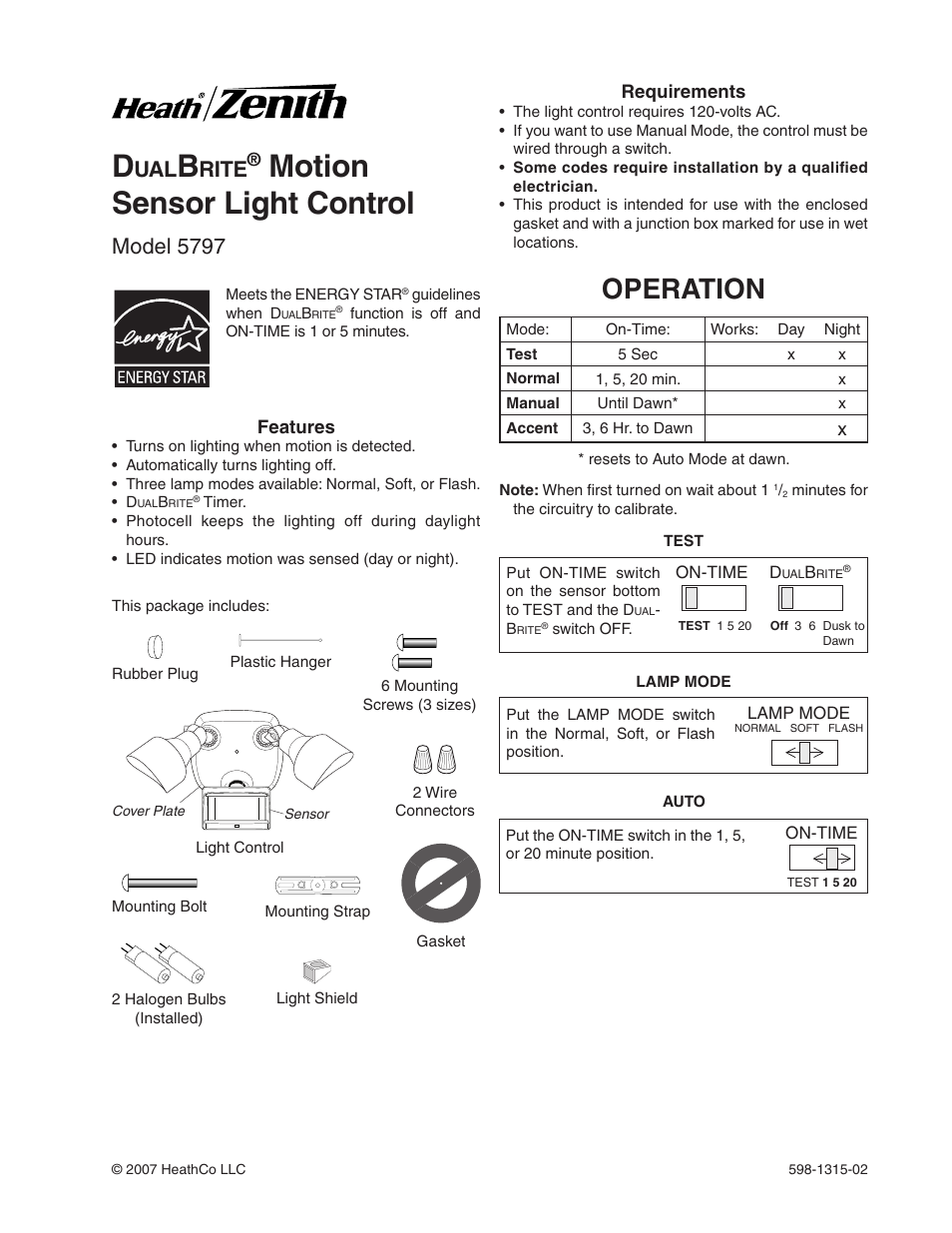 Heath Zenith DualBrite Motion Sensor Light Control 5797 User Manual | 20 pages