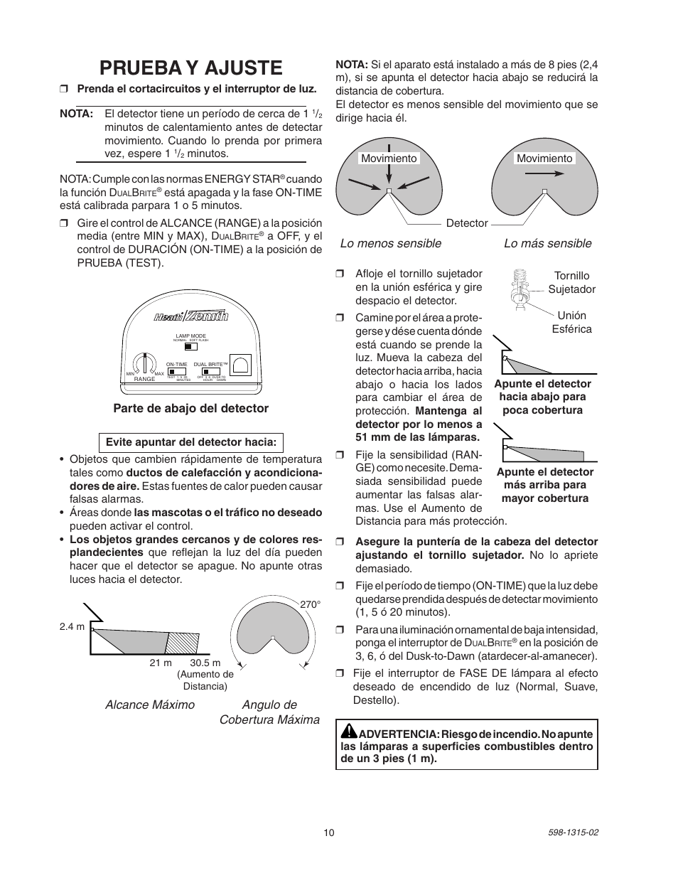 Prueba y ajuste | Heath Zenith DualBrite Motion Sensor Light Control 5797 User Manual | Page 10 / 20