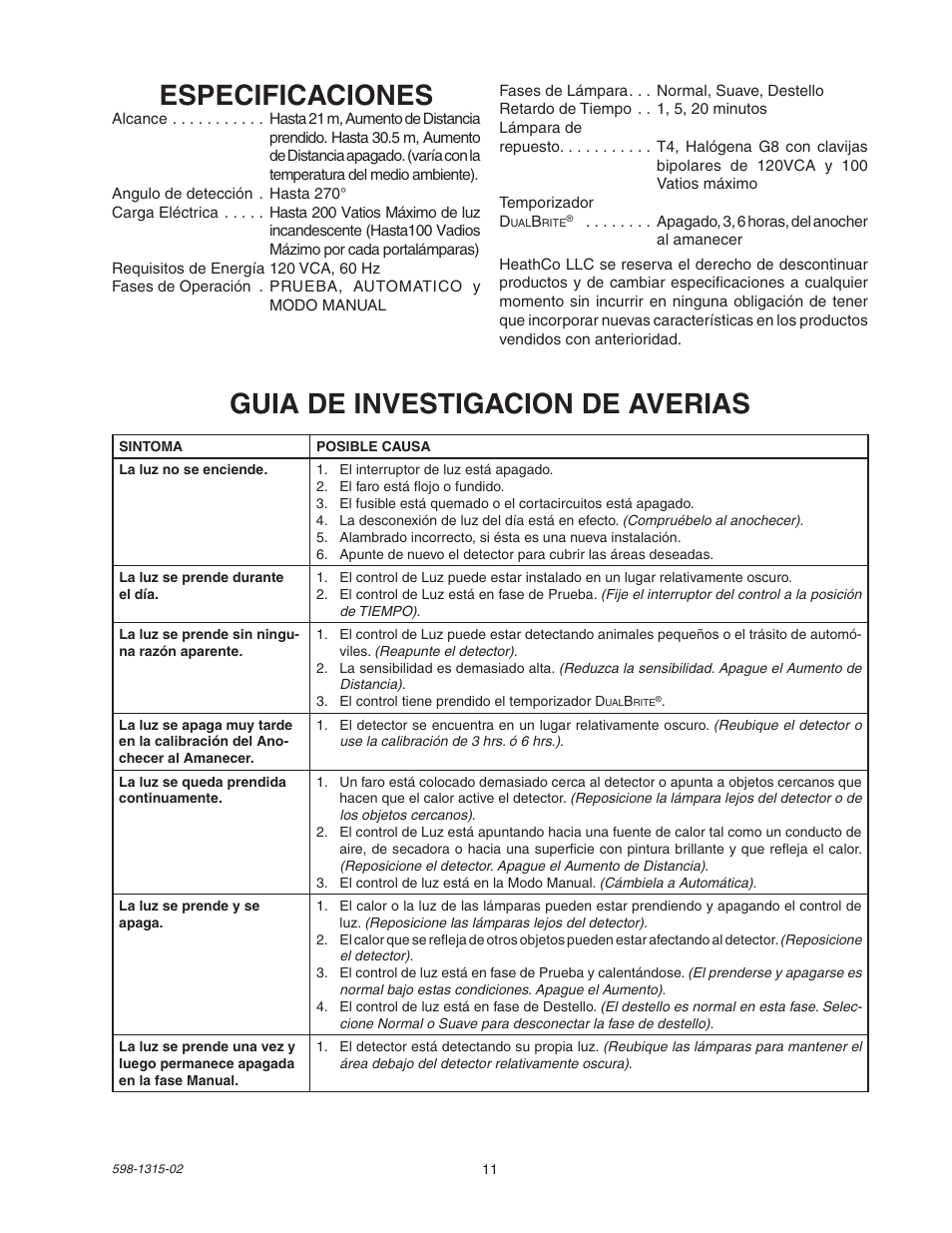 Especificaciones, Guia de investigacion de averias | Heath Zenith DualBrite Motion Sensor Light Control 5797 User Manual | Page 11 / 20