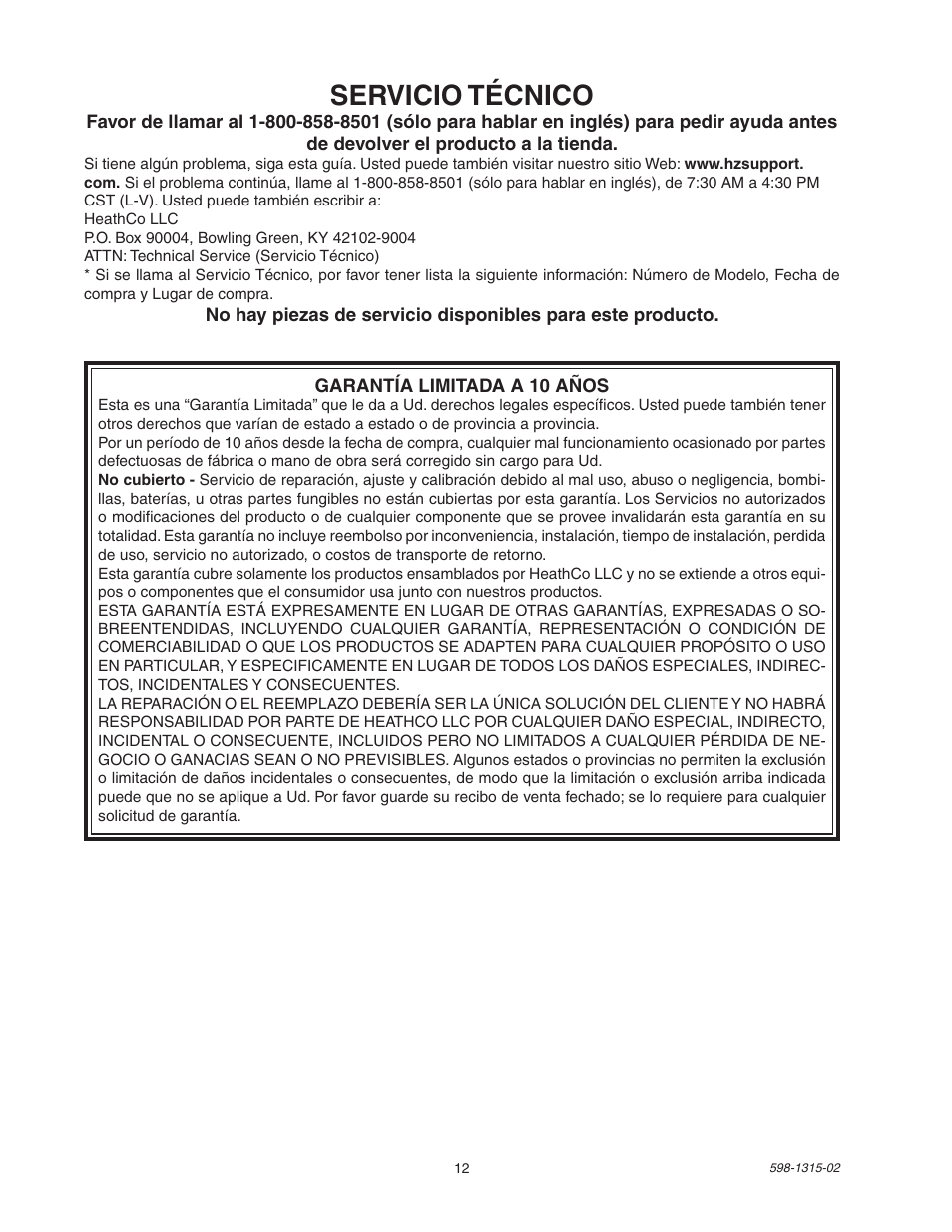 Servicio técnico | Heath Zenith DualBrite Motion Sensor Light Control 5797 User Manual | Page 12 / 20