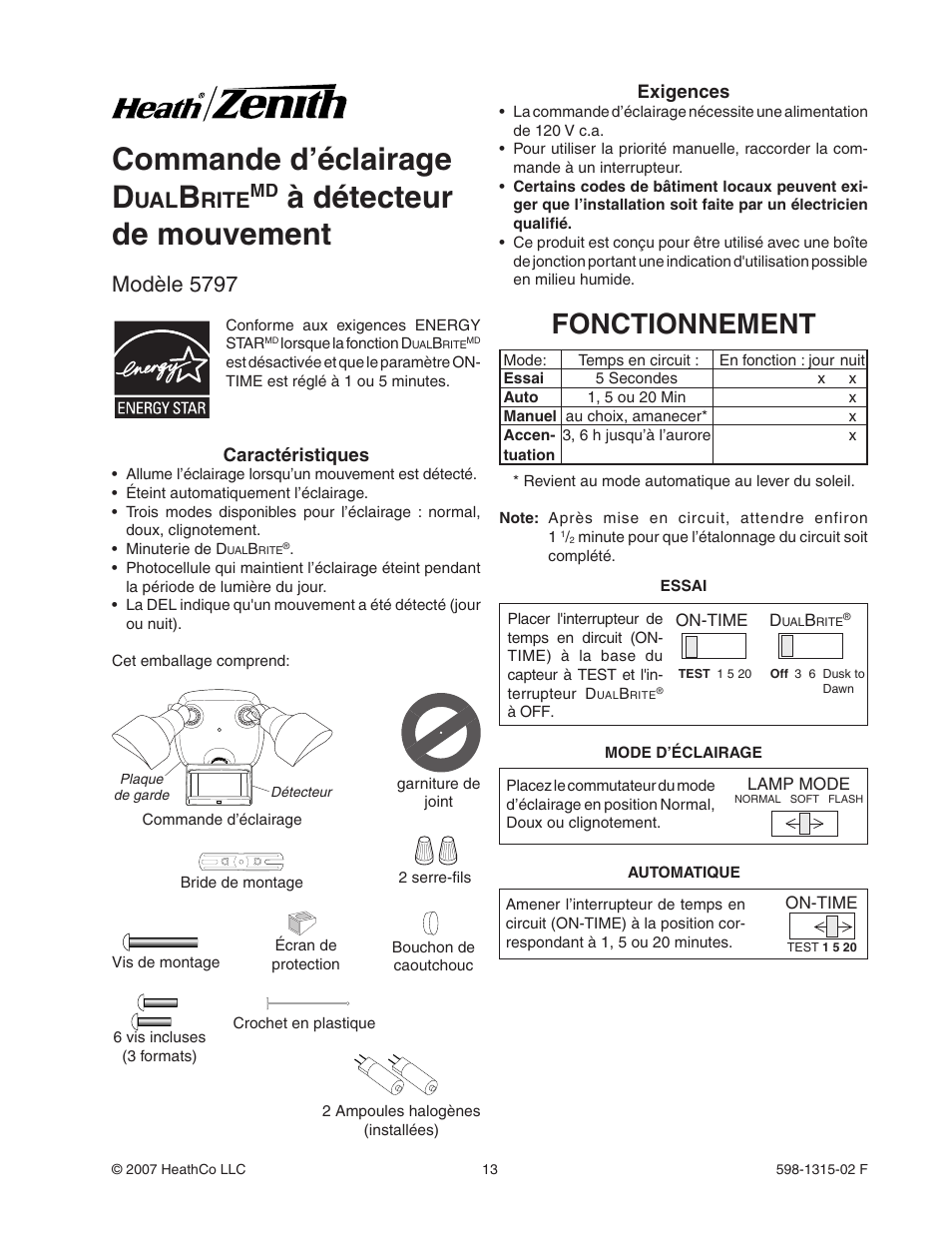 Commande d’éclairage d, À détecteur de mouvement, Fonctionnement | Modèle 5797, Rite | Heath Zenith DualBrite Motion Sensor Light Control 5797 User Manual | Page 13 / 20