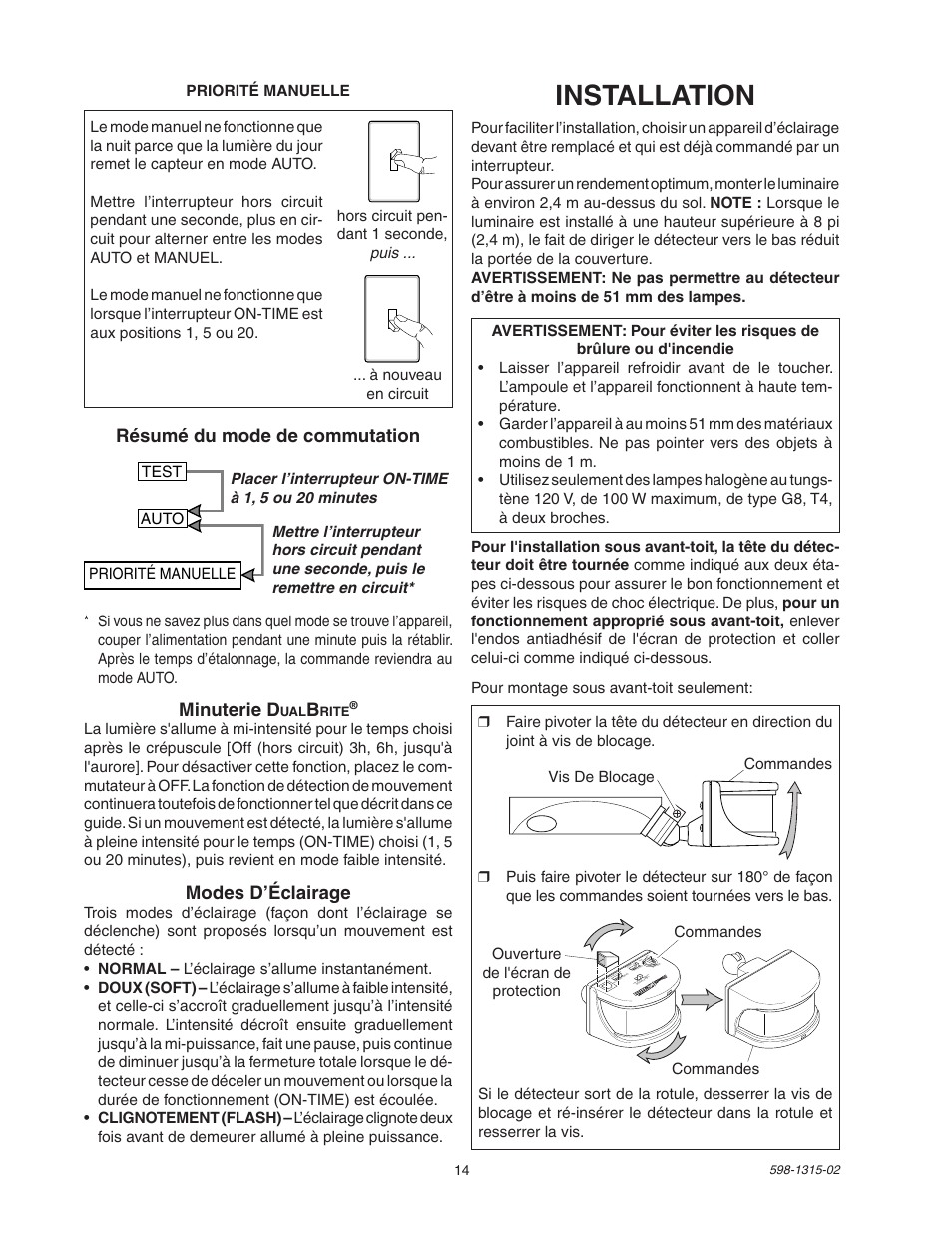 Installation, Résumé du mode de commutation minuterie d, Modes d’éclairage | Heath Zenith DualBrite Motion Sensor Light Control 5797 User Manual | Page 14 / 20