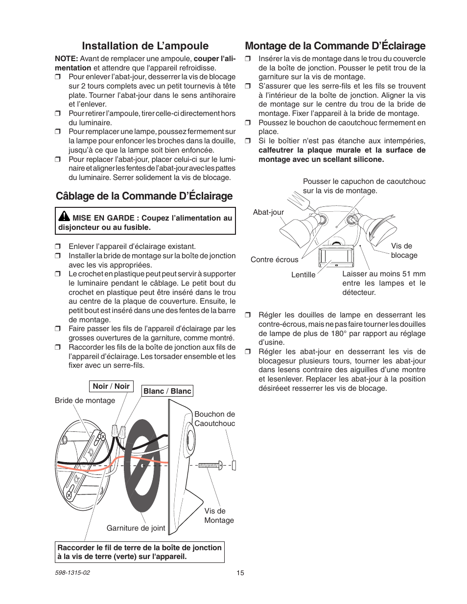 Montage de la commande d’éclairage, Câblage de la commande d’éclairage, Installation de l’ampoule | Heath Zenith DualBrite Motion Sensor Light Control 5797 User Manual | Page 15 / 20