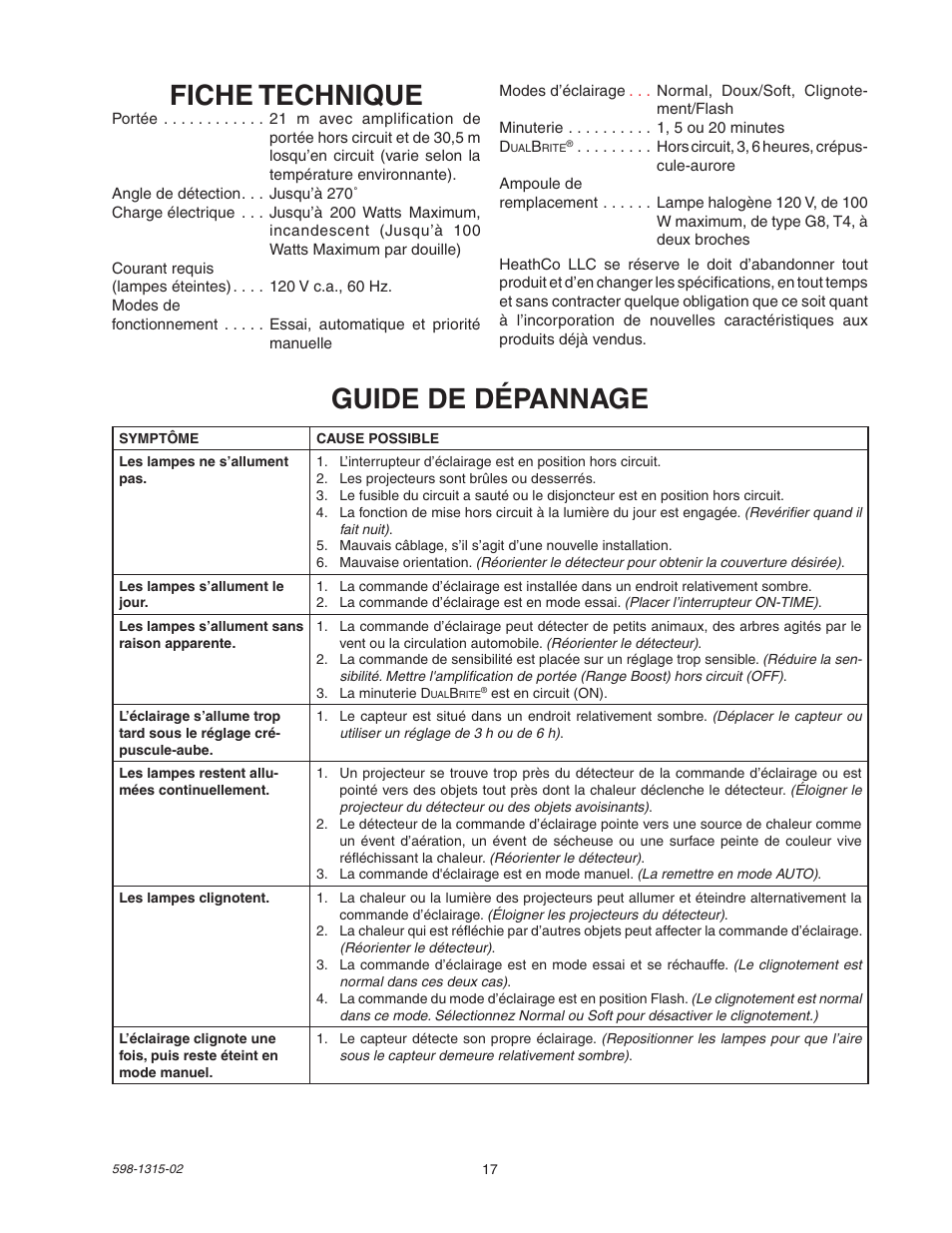 Fiche technique, Guide de dépannage | Heath Zenith DualBrite Motion Sensor Light Control 5797 User Manual | Page 17 / 20