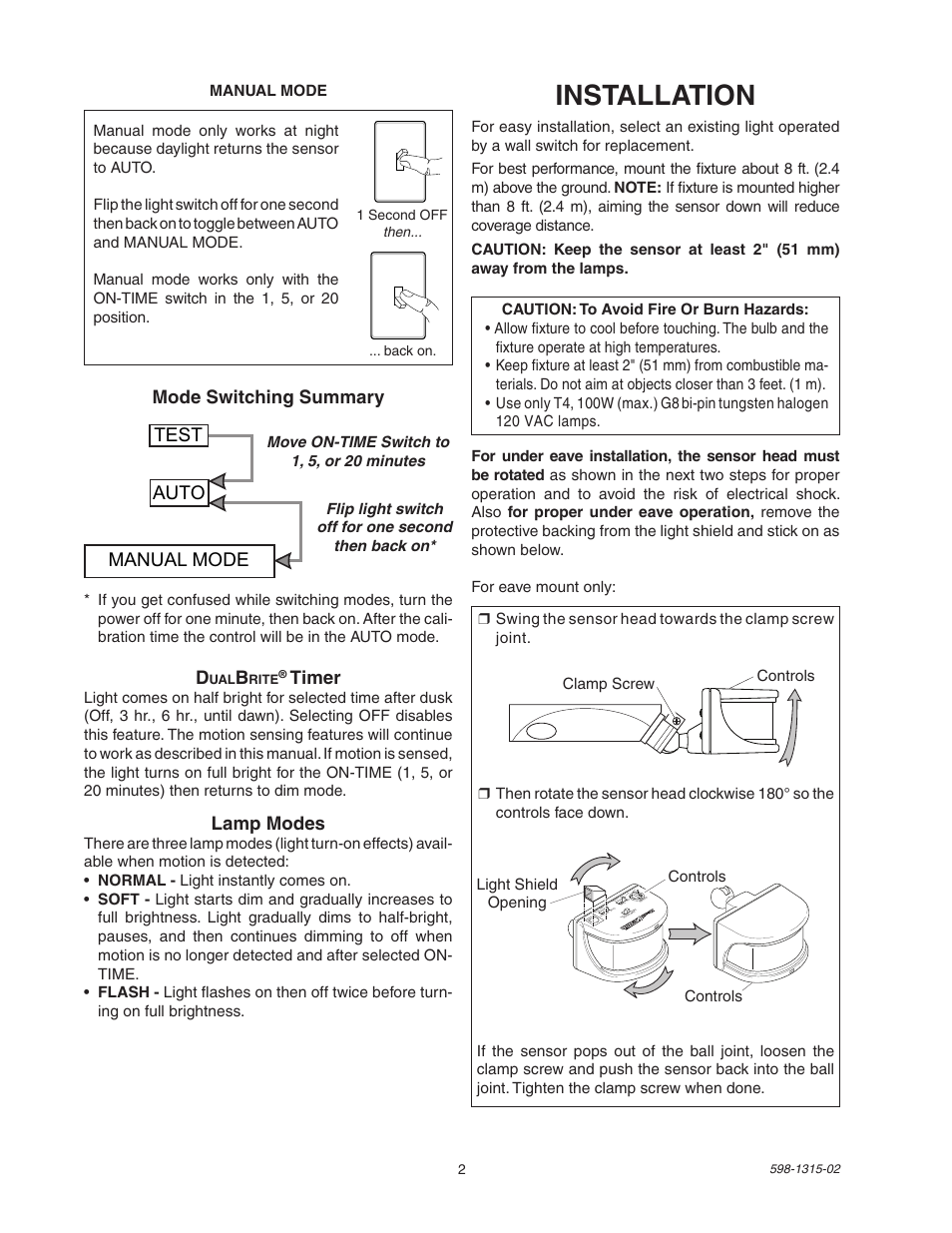 Installation, Manual mode auto test, Mode switching summary | Timer, Lamp modes | Heath Zenith DualBrite Motion Sensor Light Control 5797 User Manual | Page 2 / 20