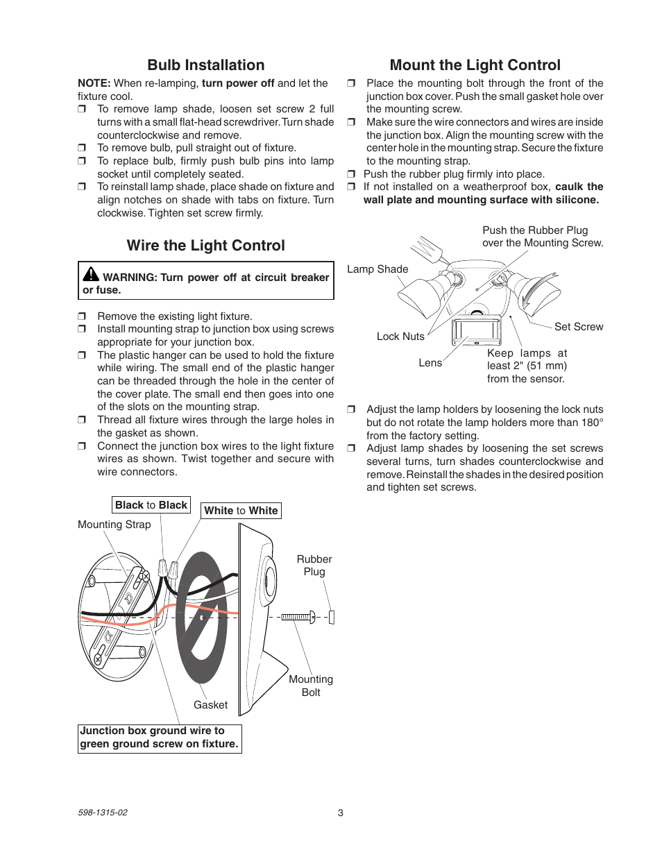 Mount the light control, Wire the light control, Bulb installation | Heath Zenith DualBrite Motion Sensor Light Control 5797 User Manual | Page 3 / 20