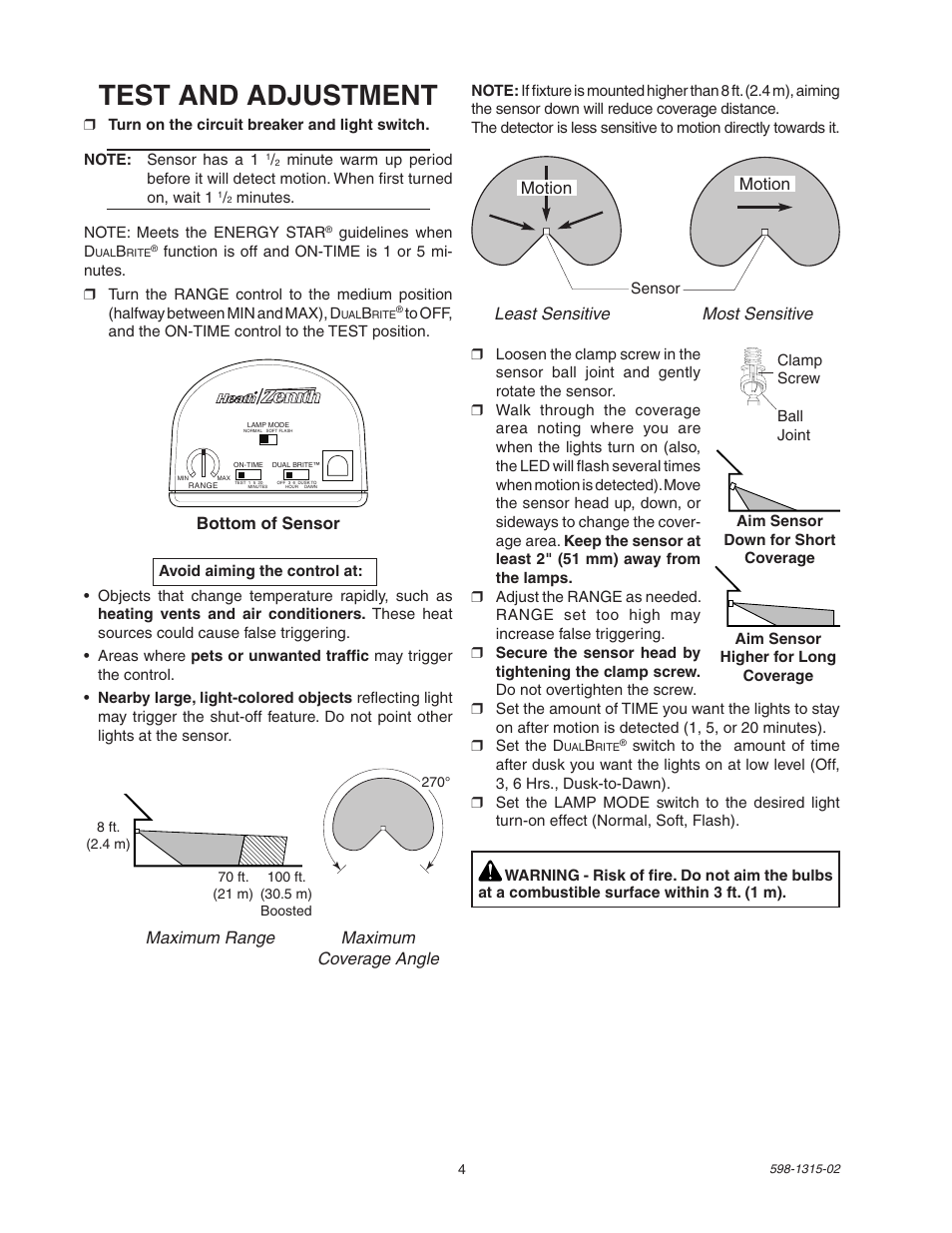 Test and adjustment | Heath Zenith DualBrite Motion Sensor Light Control 5797 User Manual | Page 4 / 20
