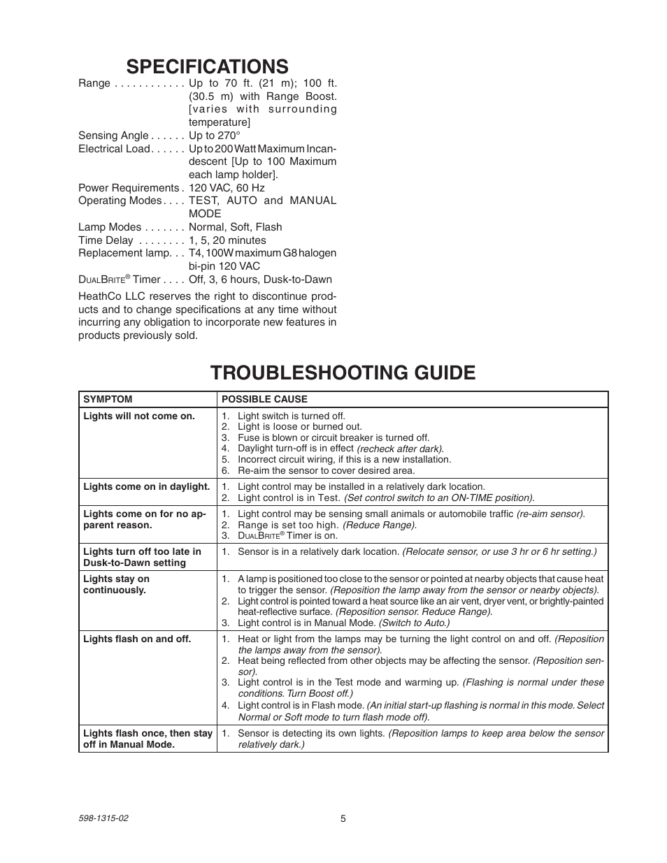 Specifications, Troubleshooting guide | Heath Zenith DualBrite Motion Sensor Light Control 5797 User Manual | Page 5 / 20