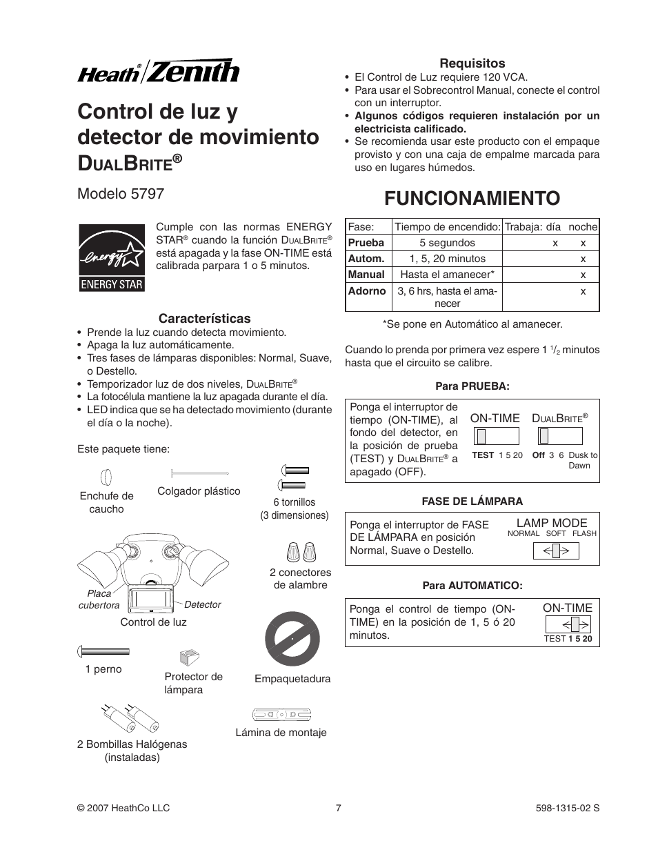Control de luz y detector de movimiento d, Funcionamiento, Rite | Modelo 5797 | Heath Zenith DualBrite Motion Sensor Light Control 5797 User Manual | Page 7 / 20