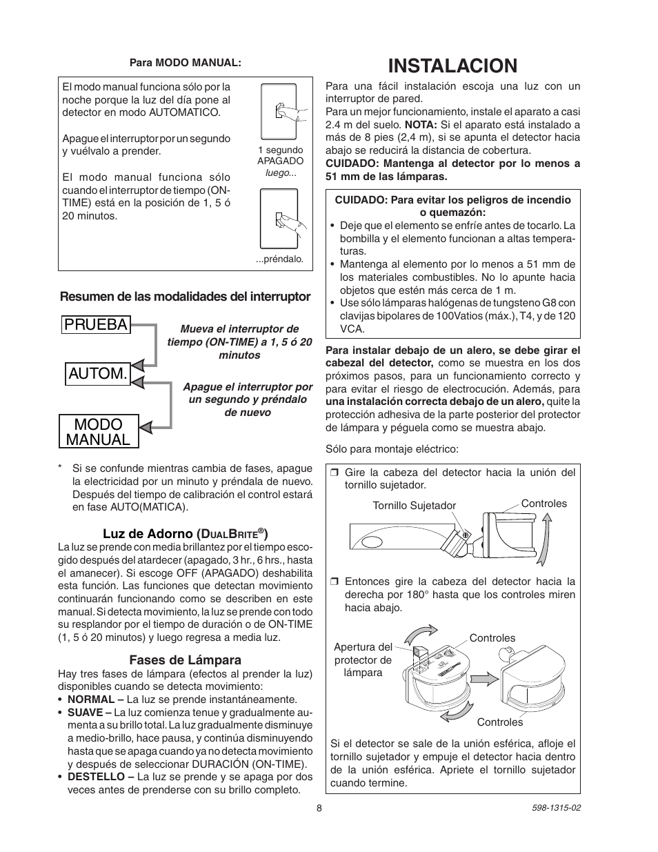 Instalacion, Prueba autom. modo manual, Resumen de las modalidades del interruptor | Luz de adorno (d, Fases de lámpara | Heath Zenith DualBrite Motion Sensor Light Control 5797 User Manual | Page 8 / 20