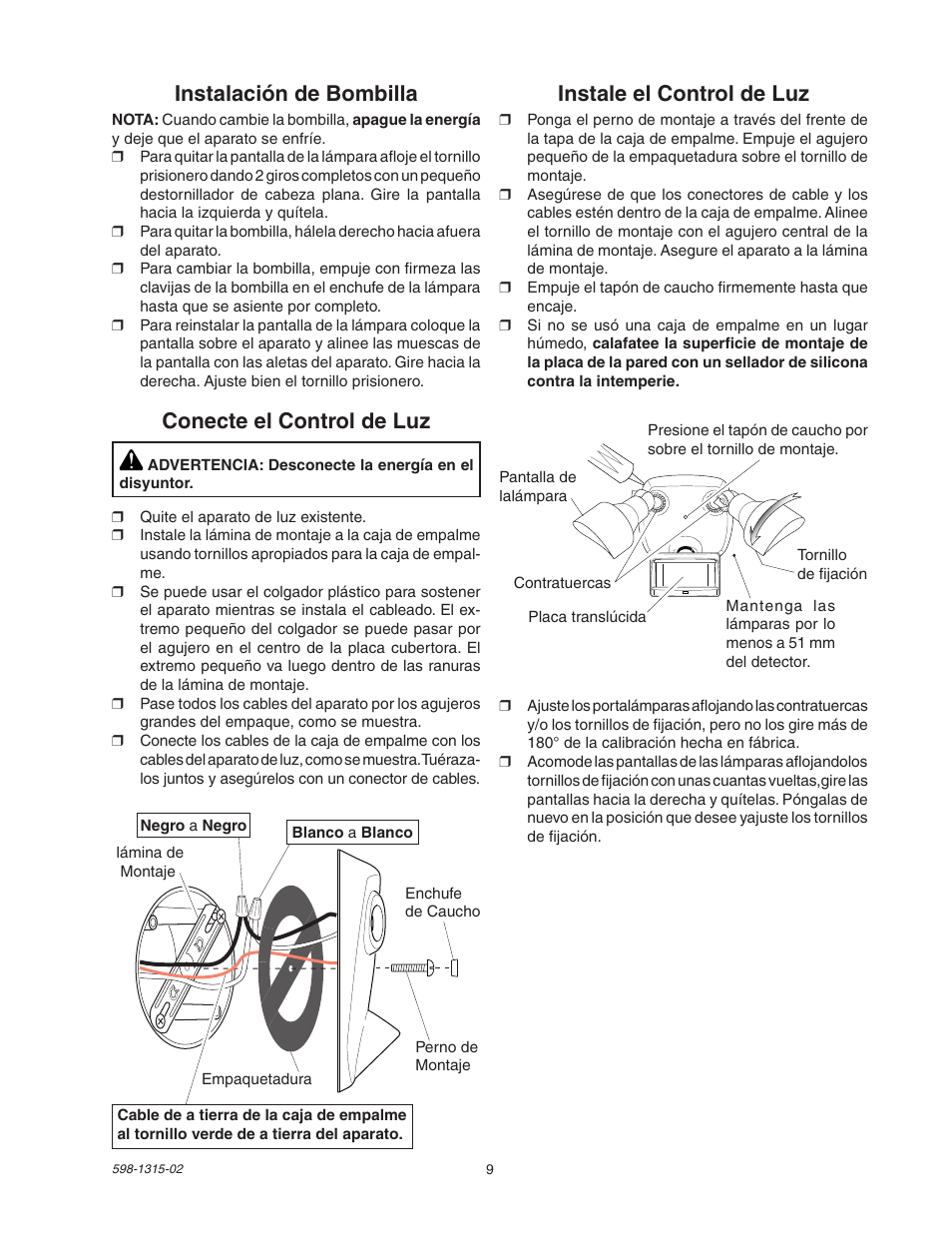 Instale el control de luz, Conecte el control de luz, Instalación de bombilla | Heath Zenith DualBrite Motion Sensor Light Control 5797 User Manual | Page 9 / 20