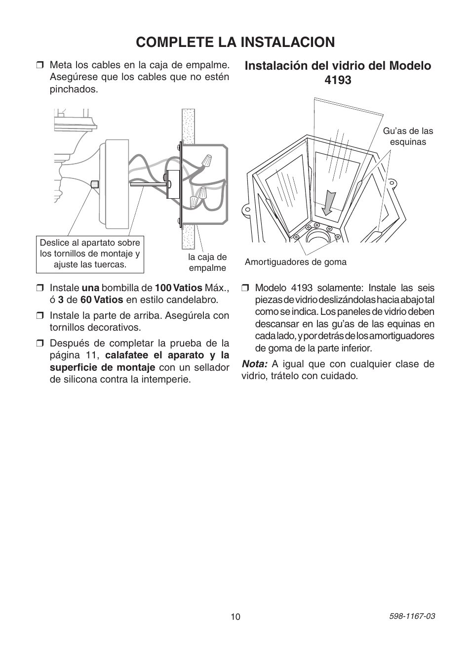 Complete la instalacion, Instalación del vidrio del modelo 4193 | Heath Zenith 4193 User Manual | Page 10 / 20