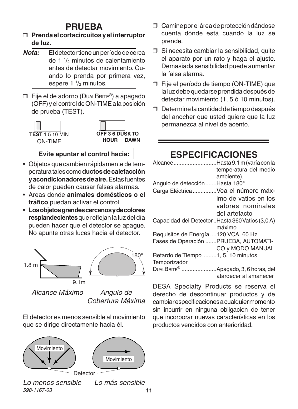 Prueba, Especificaciones | Heath Zenith 4193 User Manual | Page 11 / 20