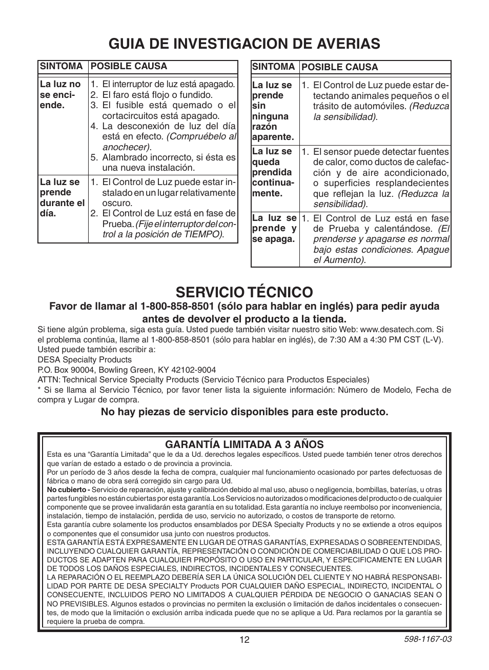 Guia de investigacion de averias, Servicio técnico | Heath Zenith 4193 User Manual | Page 12 / 20