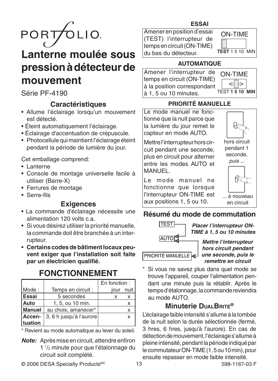 Fonctionnement, Série pf-4190 caractéristiques, Exigences | Minuterie d, Résumé du mode de commutation | Heath Zenith 4193 User Manual | Page 13 / 20