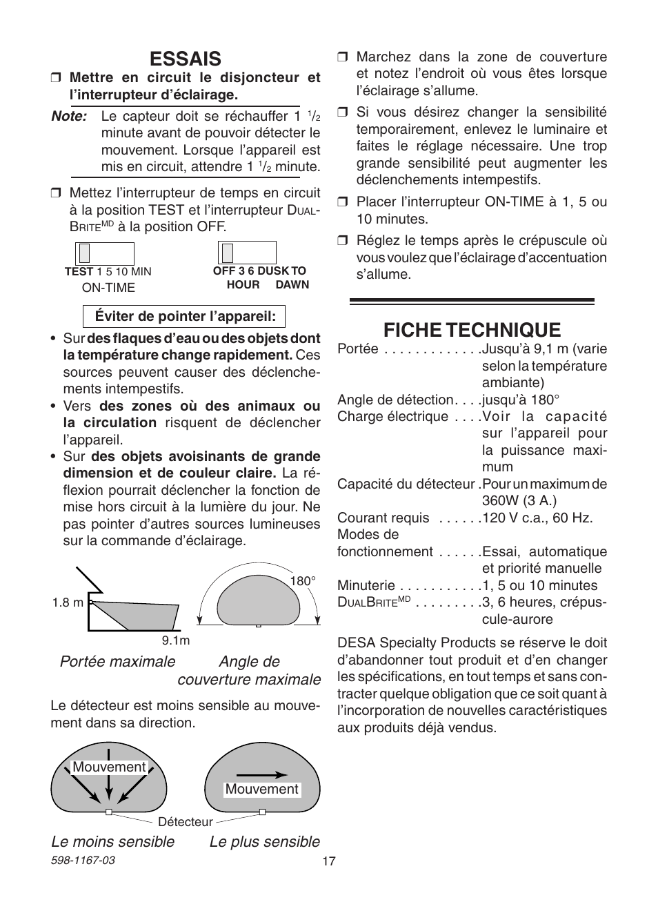 Essais, Fiche technique | Heath Zenith 4193 User Manual | Page 17 / 20
