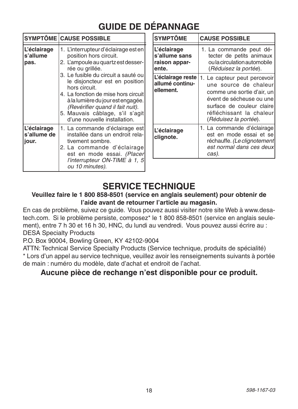 Guide de dépannage service technique | Heath Zenith 4193 User Manual | Page 18 / 20