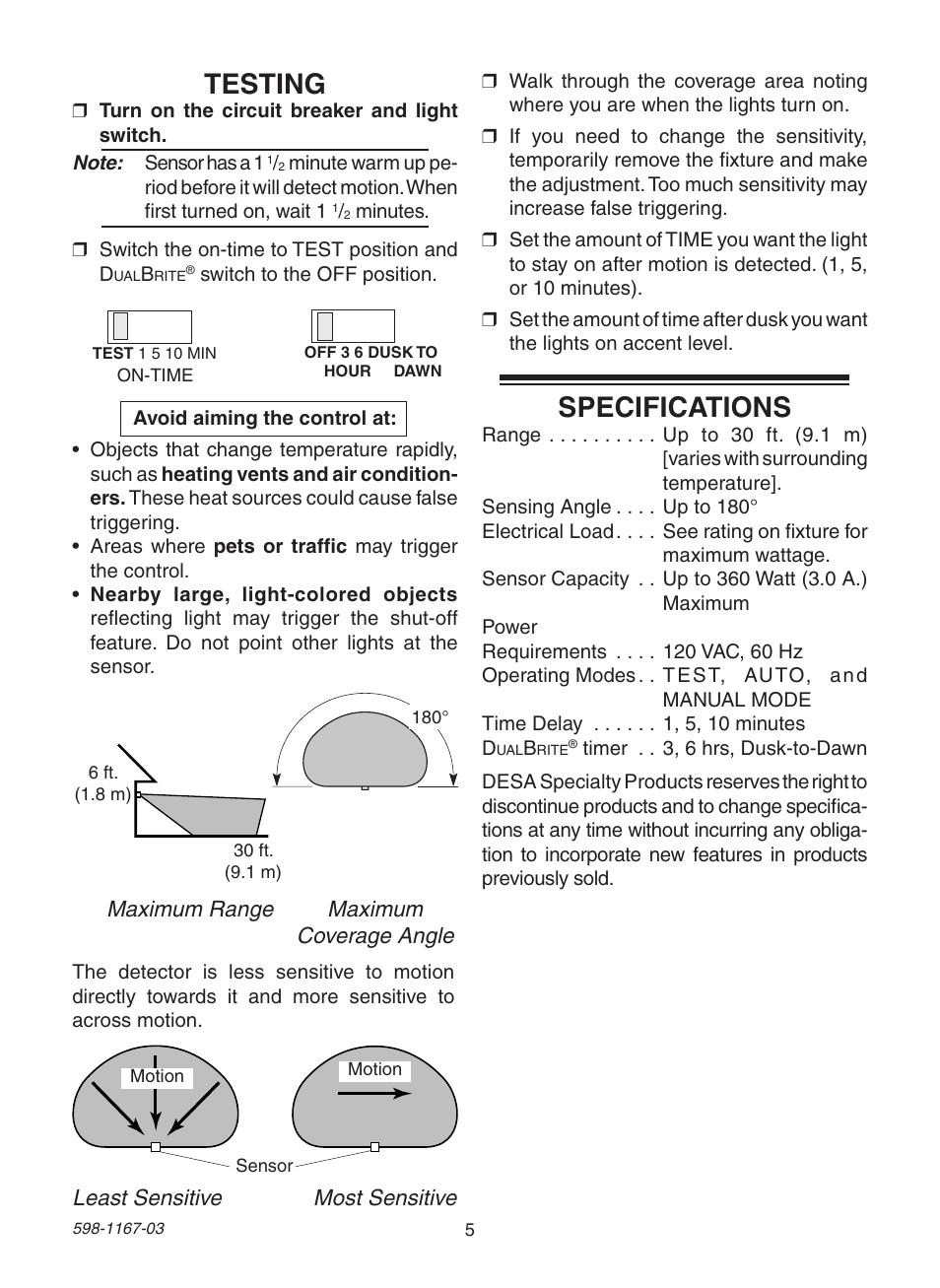 Testing, Specifications | Heath Zenith 4193 User Manual | Page 5 / 20