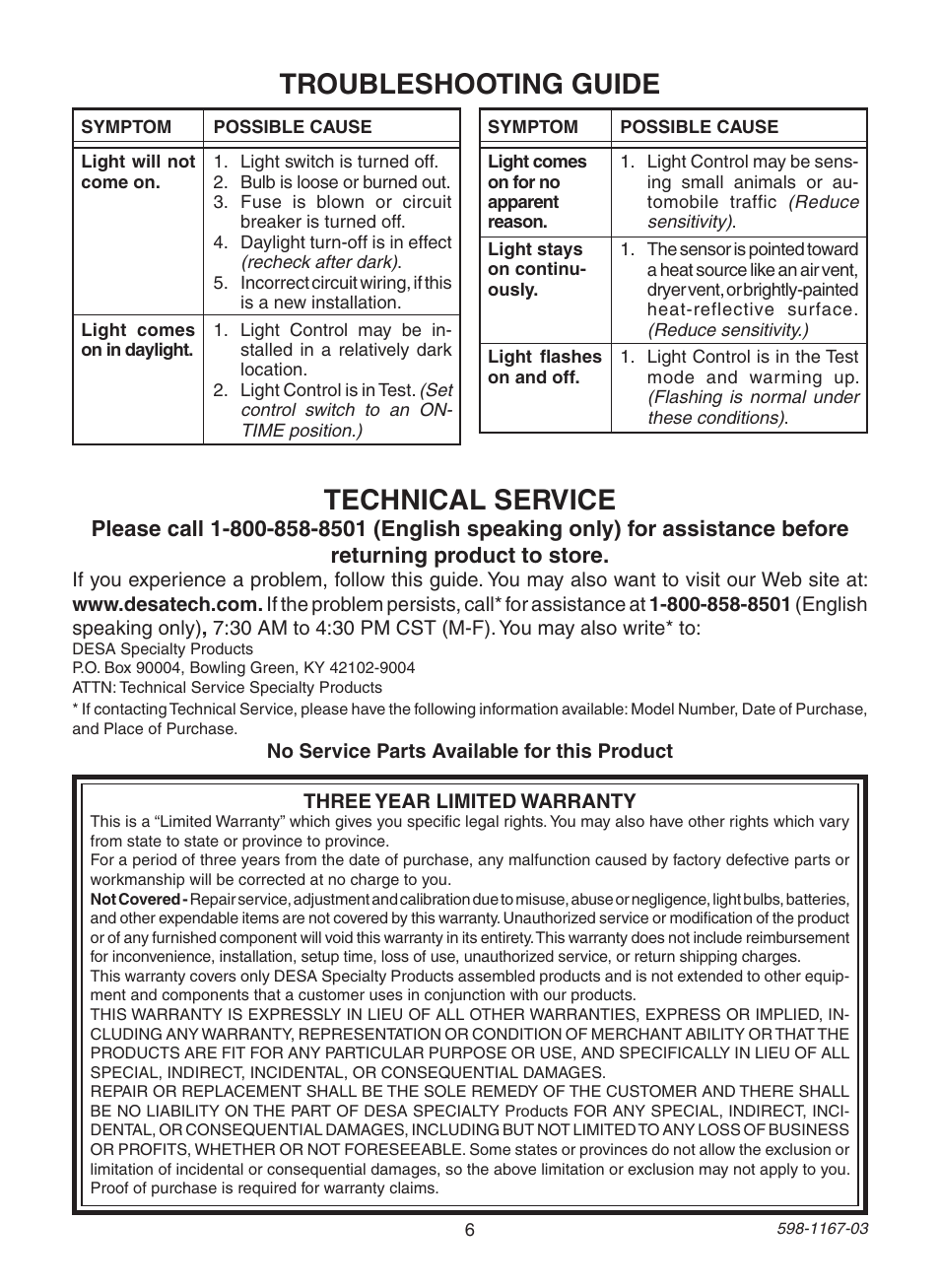 Troubleshooting guide, Technical service | Heath Zenith 4193 User Manual | Page 6 / 20