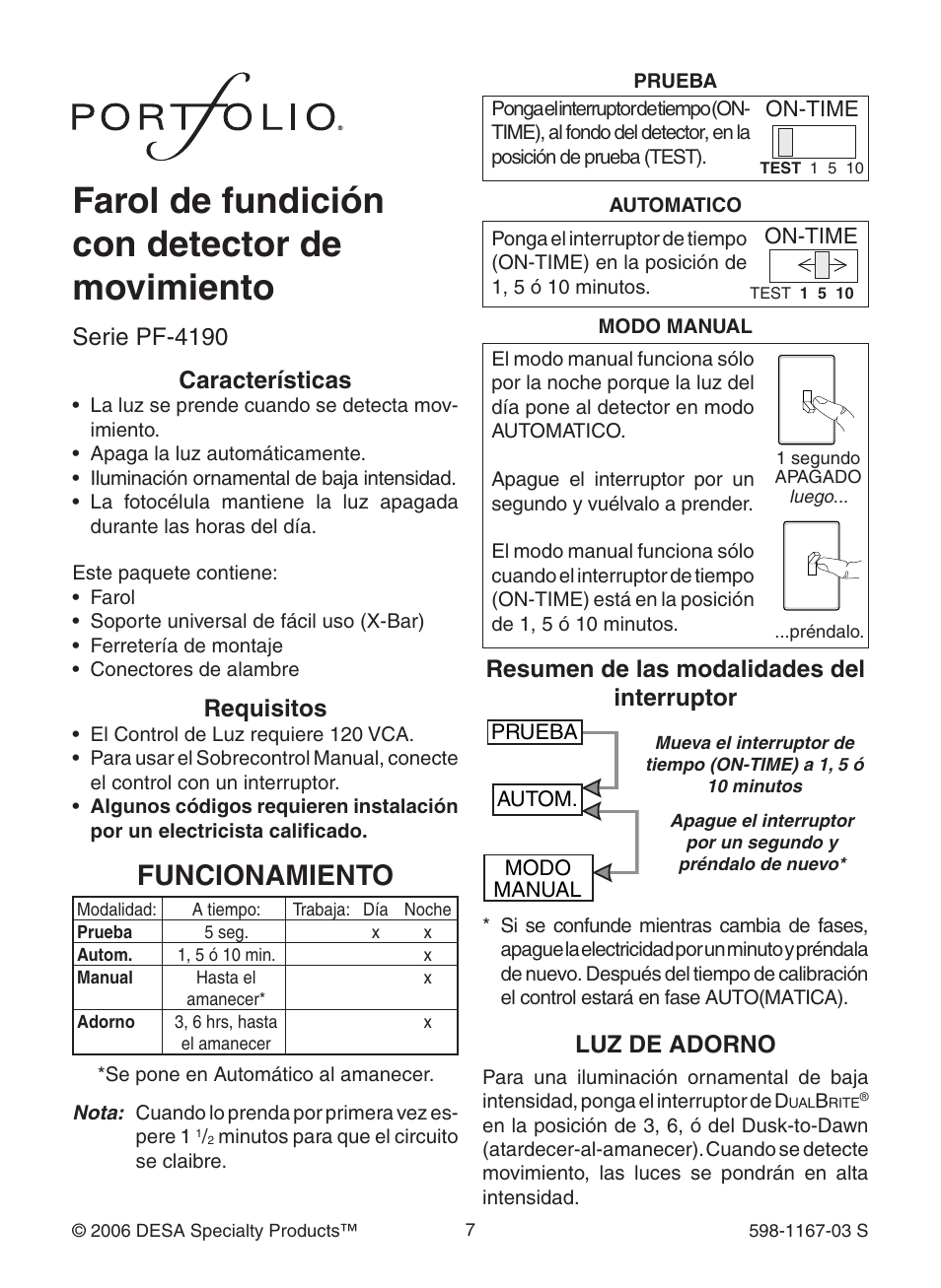 Farol de fundición con detector de movimiento, Funcionamiento, Luz de adorno | Serie pf-4190 características, Requisitos, Resumen de las modalidades del interruptor | Heath Zenith 4193 User Manual | Page 7 / 20