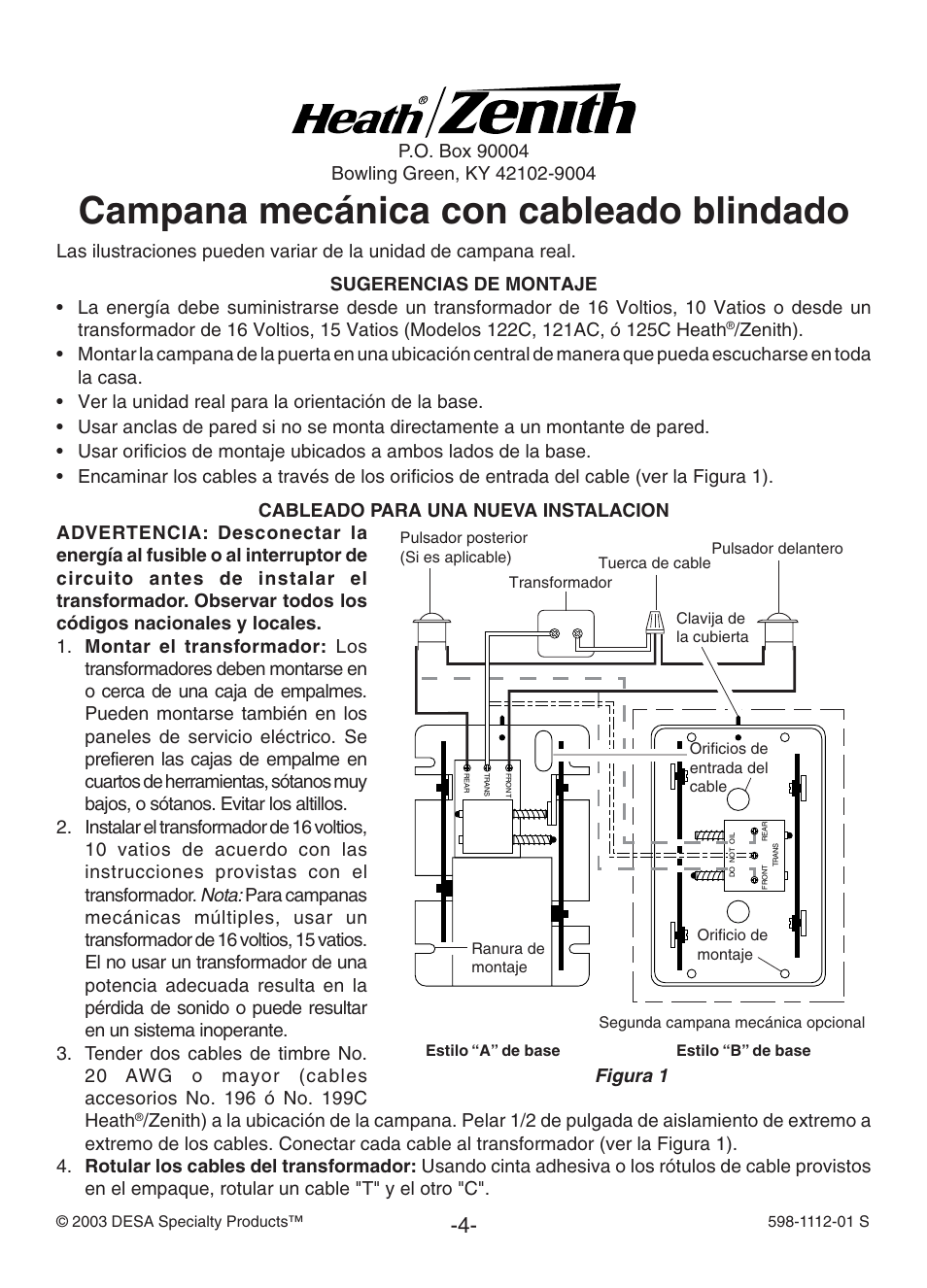 Campana mecánica con cableado blindado | Heath Zenith 122C  EU User Manual | Page 4 / 12